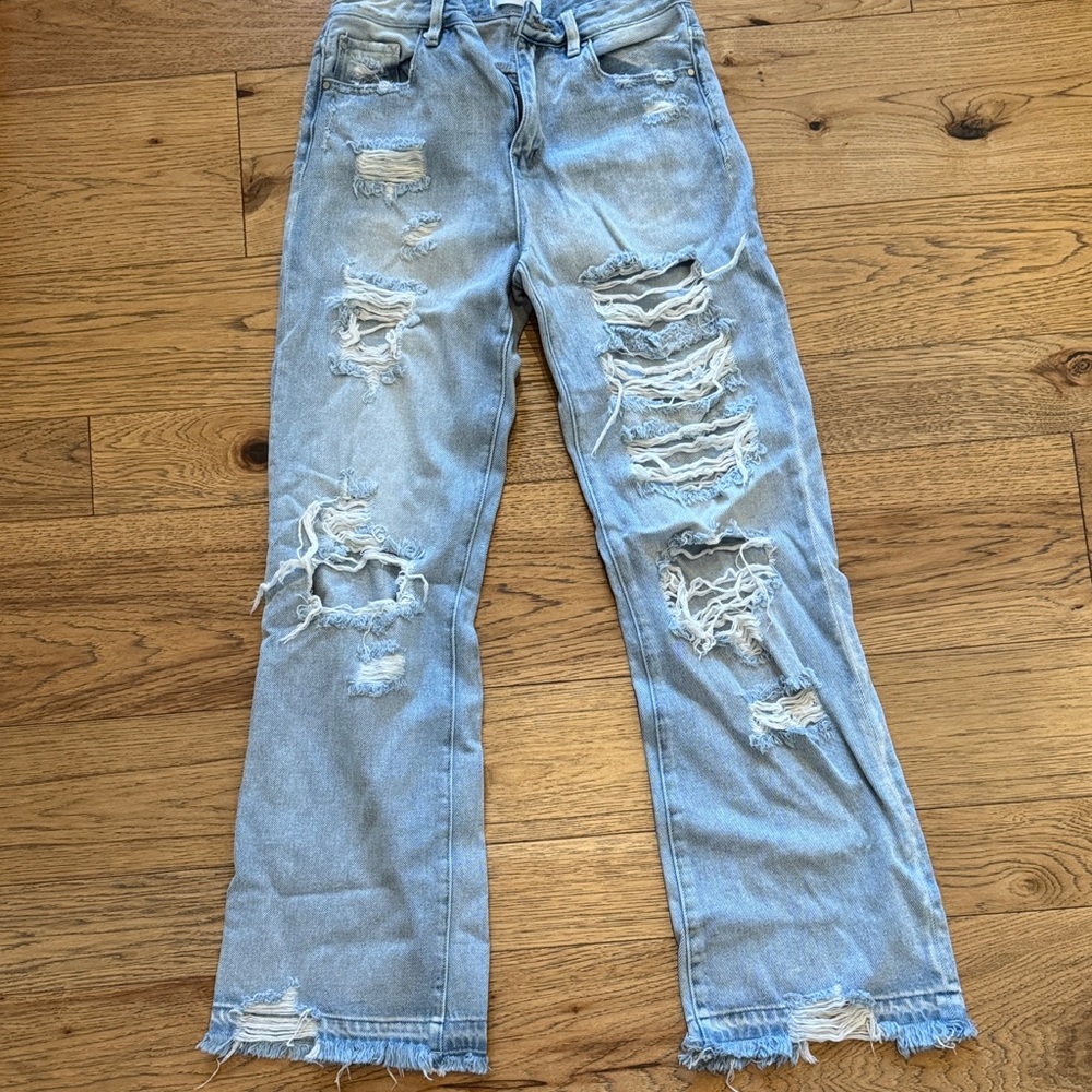 😊Distressed Light Blue Women’s Jeans - Ripped Straight Leg. Designed in LA Cal.